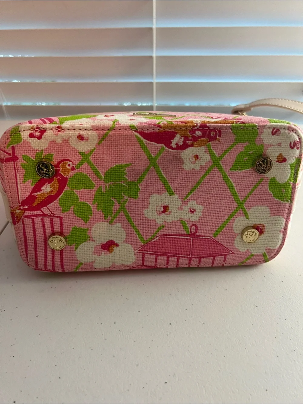 Pink Floral Canvas Tote with Rattan Ring Handles by Spartina 449 New
